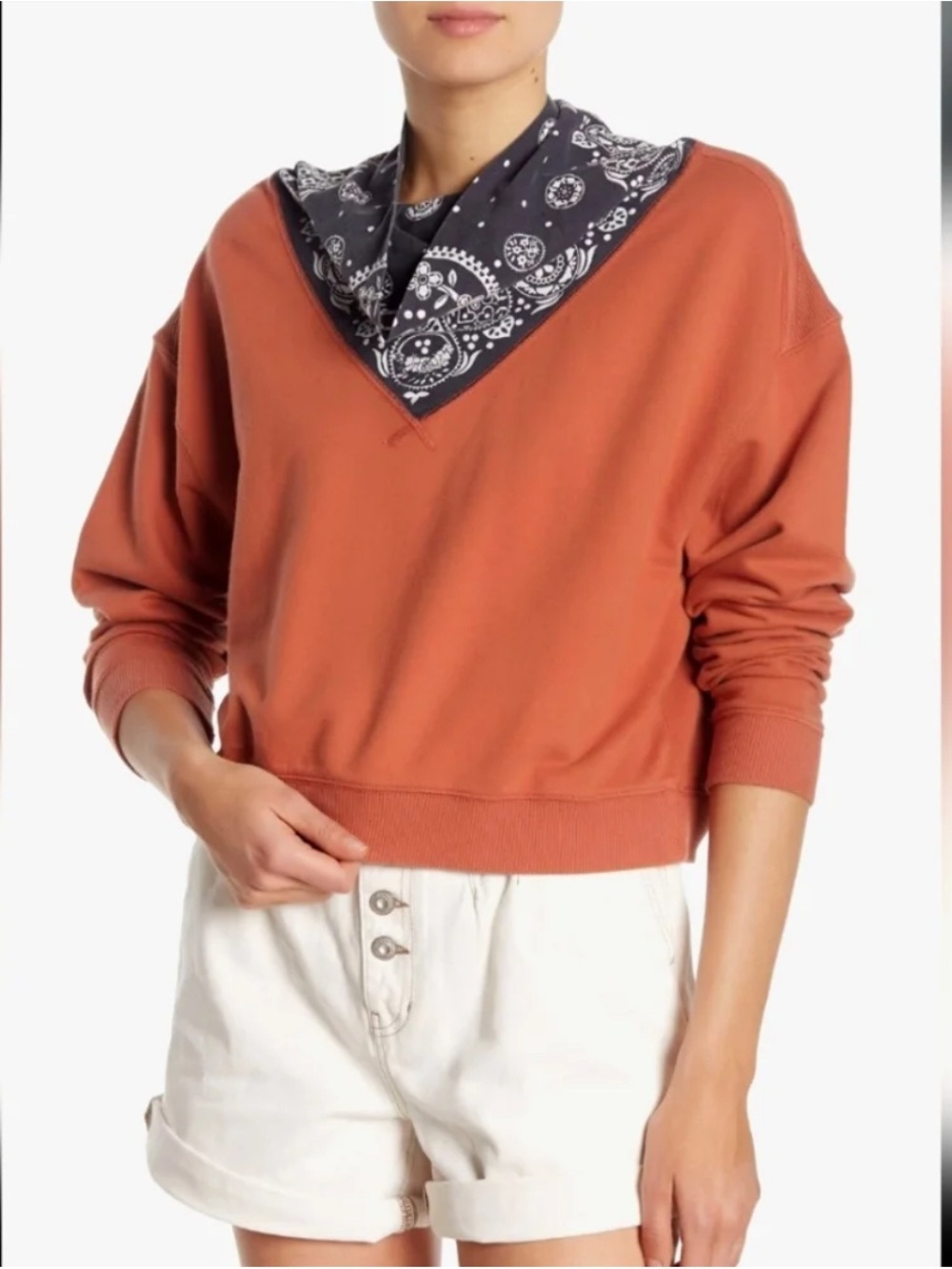 Free People James Rust Orange Boxy Sweatshirt Pullover with Bandana Detail L